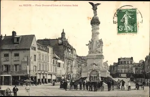 Ak Reims Marne, Place Drouet-d' Erlon et Fontaine Sube