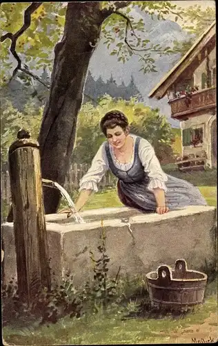 Künstler Ak Mailick, Am Brunnen, Junge Frau holt Wasser