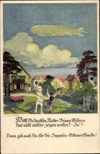 Künstler Ak Amtsberg, Otto, Deutsche Mutter zeigt Kindern Luftschiff, Zeppelin Eckener Spende