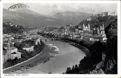 Ak Salzburg in Österreich, Panorama von Mülln aus, Salzach, Festung Hohensalzburg