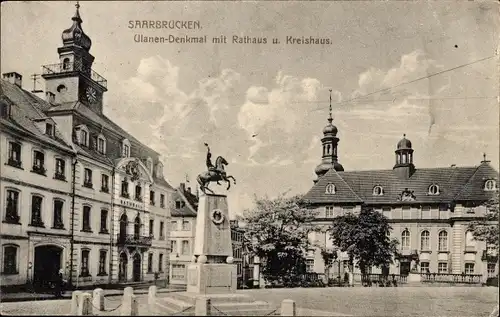 Ak Saarbrücken im Saarland, Ulanendenkmal, Rathaus, Kreishaus