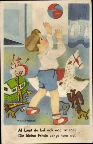 Künstler Ak Schermele, W., Kind, Spielzeuge, Schaukelpferd