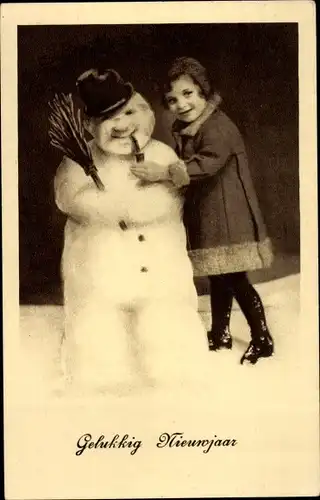 Ak Glückwunsch Neujahr, Mädchen, Schneemann