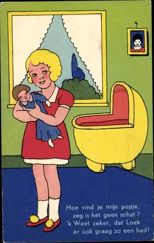 Ak Mädchen mit Puppe, Mutter, Kinderbett, Gemälde