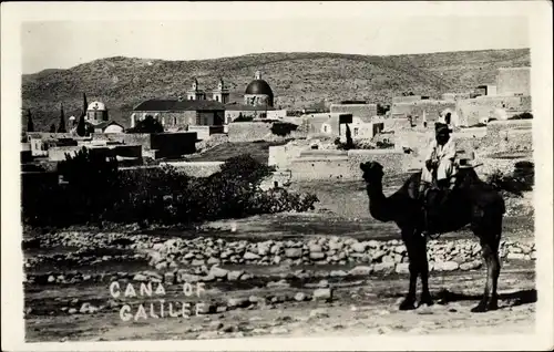 Ak Galiläa Israel, Blick zum Ort, Reiter auf einem Kamel