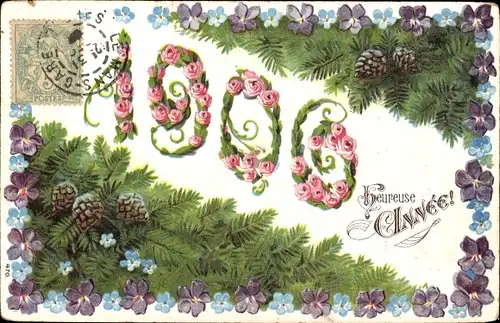 Präge Ak Glückwunsch Neujahr 1906, Vergissmeinnicht, Tannenzweige