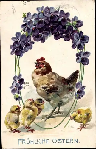 Ak Glückwunsch Ostern, Küken, Henne, Veilchen
