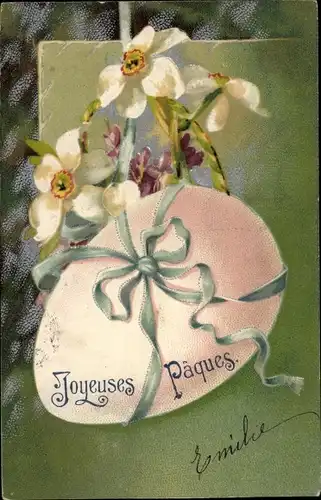 Präge Litho Glückwunsch Ostern, Osterei, Schleife, Blumen