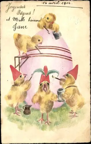 Litho Glückwunsch Ostern, Küken bemalen ein Osterei