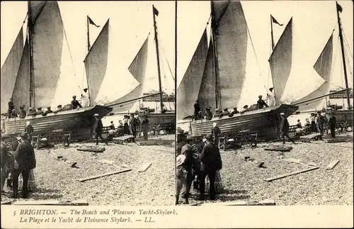 Stereo-Ak Brighton East Sussex England, Strand, Vergnügungsyacht-Skylark