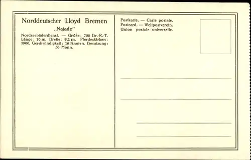 Ak Norddeutscher Lloyd Bremen, Salondampfer Najade, Nordseebäderdienst