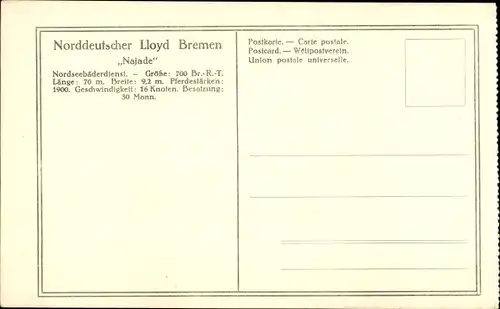 Ak Norddeutscher Lloyd Bremen, Salondampfer Najade, Nordseebäderdienst