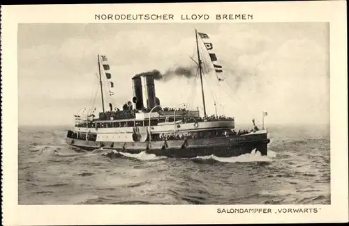 Ak Salondampfer Vorwärts, Norddeutscher Lloyd Bremen, Unterweser- und Nordseebäderdienst