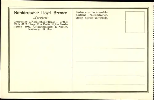 Ak Salondampfer Vorwärts, Norddeutscher Lloyd Bremen, Unterweser- und Nordseebäderdienst