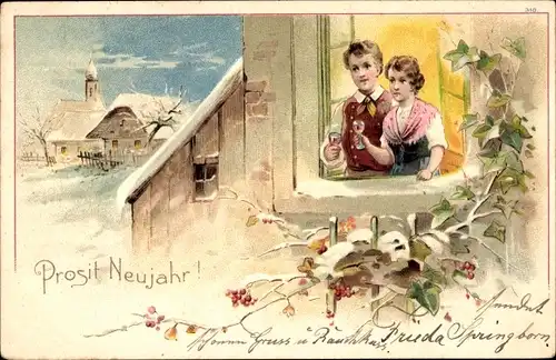 Litho Glückwunsch Neujahr, Liebespaar am Fenster, Sektglas, Efeu