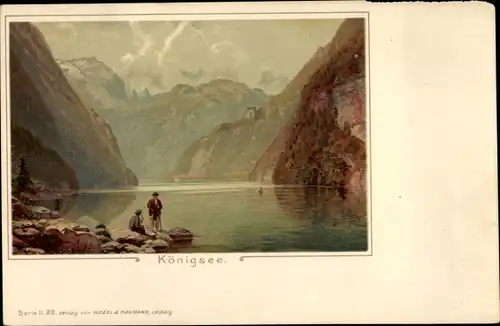 Litho Schönau am Königssee, Uferpartie mit Alpen