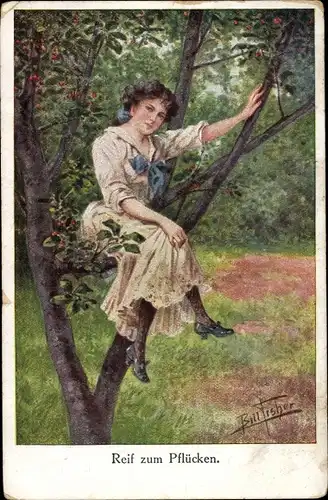 Künstler Ak Fisher, Bill, Reif zum Pflücken, Frau auf einem Kirschbaum