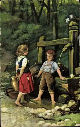 Künstler Ak Meyer, Johann Georg, Hans und Grete, Kinder am Brunnen