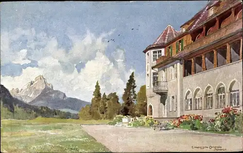 Künstler Ak Klais Krün Oberbayern, Schloss Elmau, Südseite mit Waxenstein