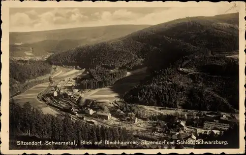 Ak Sitzendorf an der Schwarza in Thüringen, Blechhammer, Ortschaft, Schloss, Bahnhof