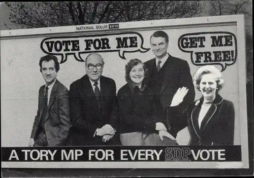 Ak Ein Tory-Abgeordneter für jede SDP-Stimme, Fotomontage von Cath Tate, Margaret Thatcher