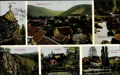 Ak Ilsenburg im Harz, Ilsenstein, Rabenklippe, Schloss, Zu den roten Forellen