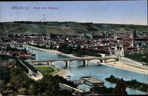 Ak Würzburg am Main Unterfranken, Blick vom Käppele, Gesamtansicht, Brücke