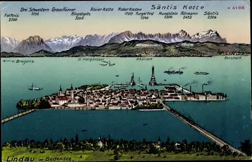 Ak Lindau am Bodensee Schwaben, Panorama, Drei Schwestern, Graue Hörner, Säntis Kette