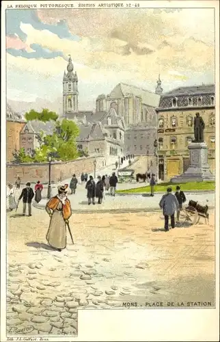 Künstler Litho Ranot, F., Mons Wallonien Hennegau, Place de la Station