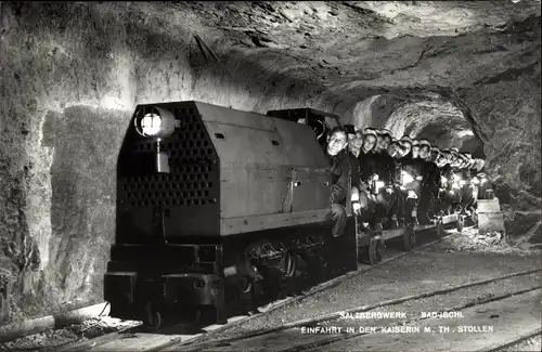 Ak Bad Ischl in Oberösterreich, Salzbergwerk, Einfahrt in den Kaiserin M. Th. Stollen