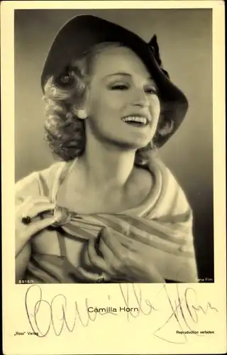 Ak Schauspielerin Camilla Horn, Portrait, Hut, Autogramm