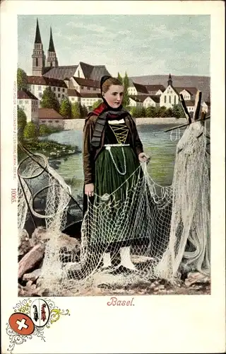 Ak Kanton Basel, Frau in schweizer Tracht, Fangnetze, Wappen