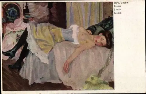 Künstler Ak Cucuel, Edw., Siesta, barbusige Frau auf einem Bett