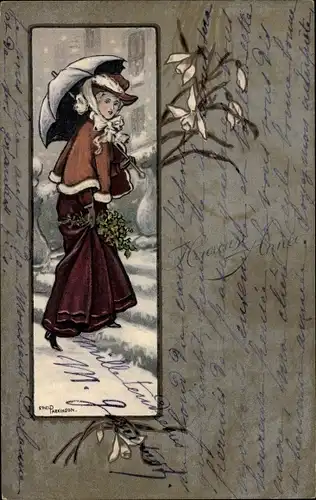 Künstler Ak Parkinson, Ethel, Glückwunsch Neujahr, Frau im Wintermantel mit Regenschirm