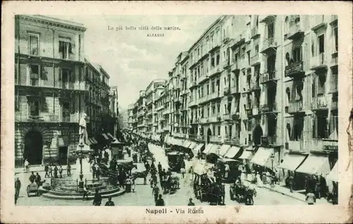 Ak Napoli Campania, Blick in die Via Roma, Geschäfte, Denkmal