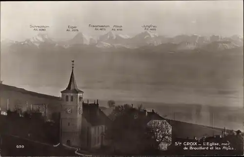 Ak Ste. Croix Kt. Waadt Schweiz, L'eglise, mer de Brouillard et les Alpes