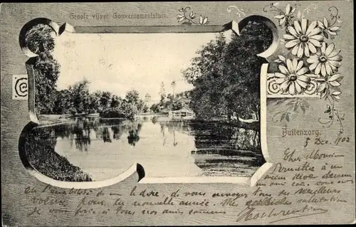 Passepartout Ak Buitenzorg Bogor Java Indonesien, Groote vijver Gouvernementstuin