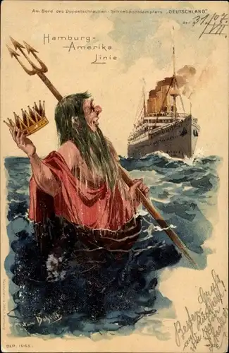 Künstler Ak Litho Bohrdt, Hans, Dampfer Deutschland, Neptun mit Krone, HAPAG