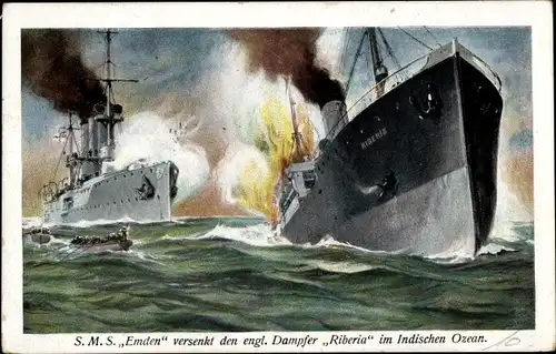 Ak Deutsches Kriegsschiff, SMS Emden versenkt englischen Dampfer Riberia, Kaiserliche Marine