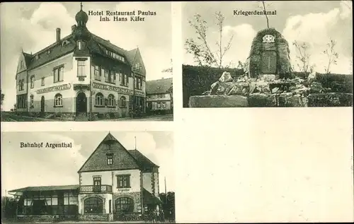 Ak Argenthal im Hunsrück, Hotel Restaurant Paulus, Kriegerdenkmal, Bahnhof