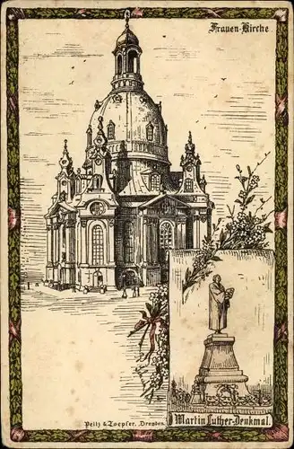 Litho Dresden Altstadt, Frauenkirche, Martin Luther-Denkmal