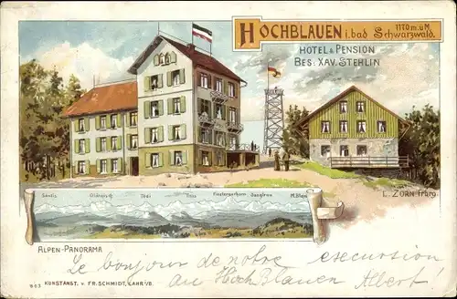 Künstler Ak Zorn, L., Blauen Badenweiler im Schwarzwald, Hochblauen, Hotel und Pension