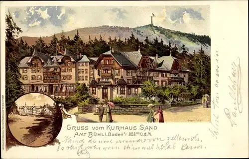 Künstler Litho Sand Bühl in Baden, Kurhaus Sand, Spaziergänger, Turm