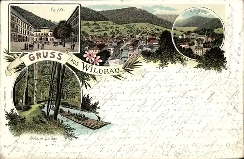 Litho Bad Wildbad im Schwarzwald, Totale, Kurplatz, Anlagen, Kirche