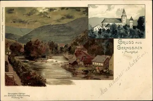 Litho Gernsbach im Murgtal Schwarzwald, Teilansicht, Fluss, Kirche