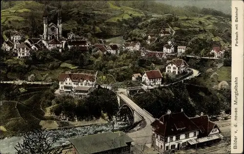 Ak Forbach im Schwarzwald Baden, Ort aus Vogelschau mit Bahnhof