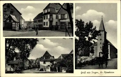 Ak Singen Remchingen im Enzkreis, Marktplatz, Kirche, Straßenpartie