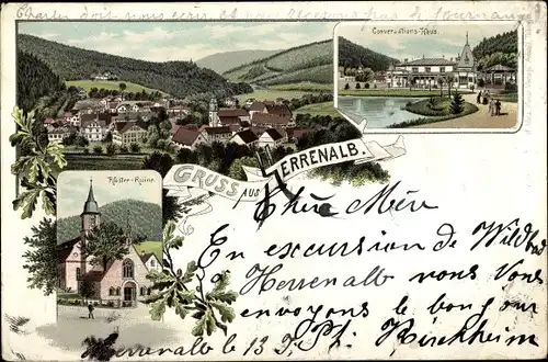 Litho Bad Herrenalb im Schwarzwald, 1895, Klosterruine, Haus