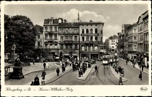 Ak Kaliningrad Königsberg Ostpreußen, Kaiser Wilhelm Platz, Geschäfte, Straßenbahn