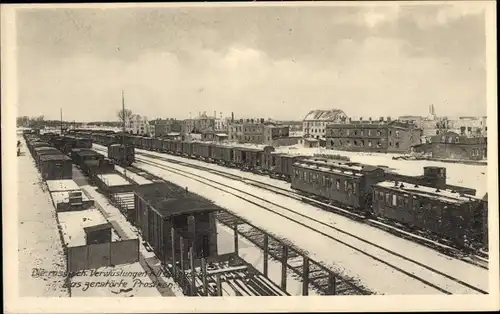 Ak Prostki Prostken Ostpreußen, Bahnhof, Kriegszerstörung I. WK, Winter